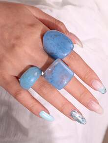 3pcs/Set Autumn Blue Tie Dye Geometric Asymmetrical Wide Resin Rings, Vintage Fashion Ring Set, Gift For Best Friend - Multicolor - View 6