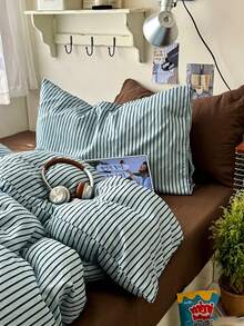復古混色藍條紋被套組，柔軟親膚雙層聚酯纖維，四季通用，多尺寸可選，1件被套 + 2件枕套，不含內芯 - 海鹽棕 - 查看 9