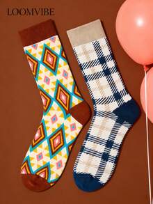 2 Pairs Unisex Diamond Plaid Vintage Jacquard Mid-Calf Socks, Sweat-Absorbent, Odor-Resistant, Anti-Slip, Wear-Resistant, Color-Block Vintage Artistic Casual Mid-Calf Socks, Suitable For Daily Commute, Vintage Outfits, Gift Matching - Multicolor - View 6