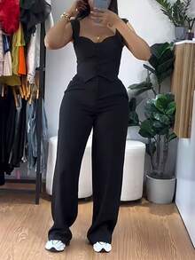 New Women's European And American Style Outfit, Fitted Crop Top With Straps And Wide-Leg Pants, Elegant And Casual Look For Curvy Women - 天藍色 - 查看 9