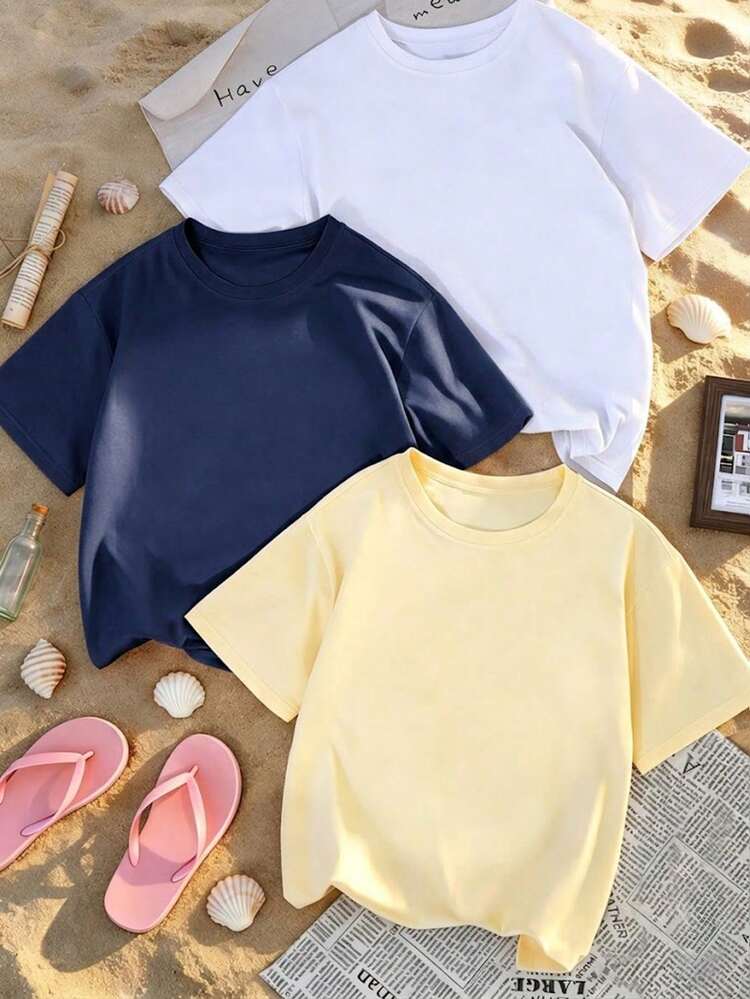 Set de 3 camisetas de manga corta de cuello redondo, de uso diario versátil y de moda para mujer - Multicolor 2 - Añade 1