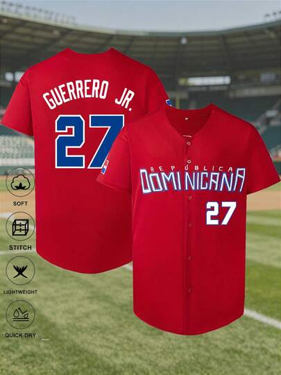 KTYSDE Maillot de baseball n°27 pour hommes, chemise à manches courtes rouge et blanche avec lettrage dominicain brodé, convient pour le port décontracté quotidien, le streetwear, le baseball, l'entraînement de golf, les cadeaux de vacances, les sports