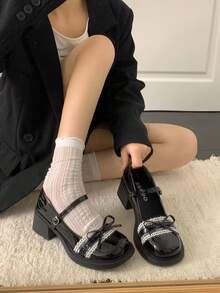 Sweet Lolita Style Black Mary Jane Shoes, Round Toe With Lace Ribbon And Double Bow, Single Metal Buckle Strap Design, Campus, Comic Convention, Date, Daily Wear, Spring/Autumn Girl Style Low Vamp Leather Shoes - Black - View 3