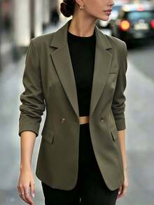 Women's Olive Green Lapel Collar Blazer With Button Detail, Long Sleeve Regular Coat In Polyester For Fall Outfits - Army Green - View 1