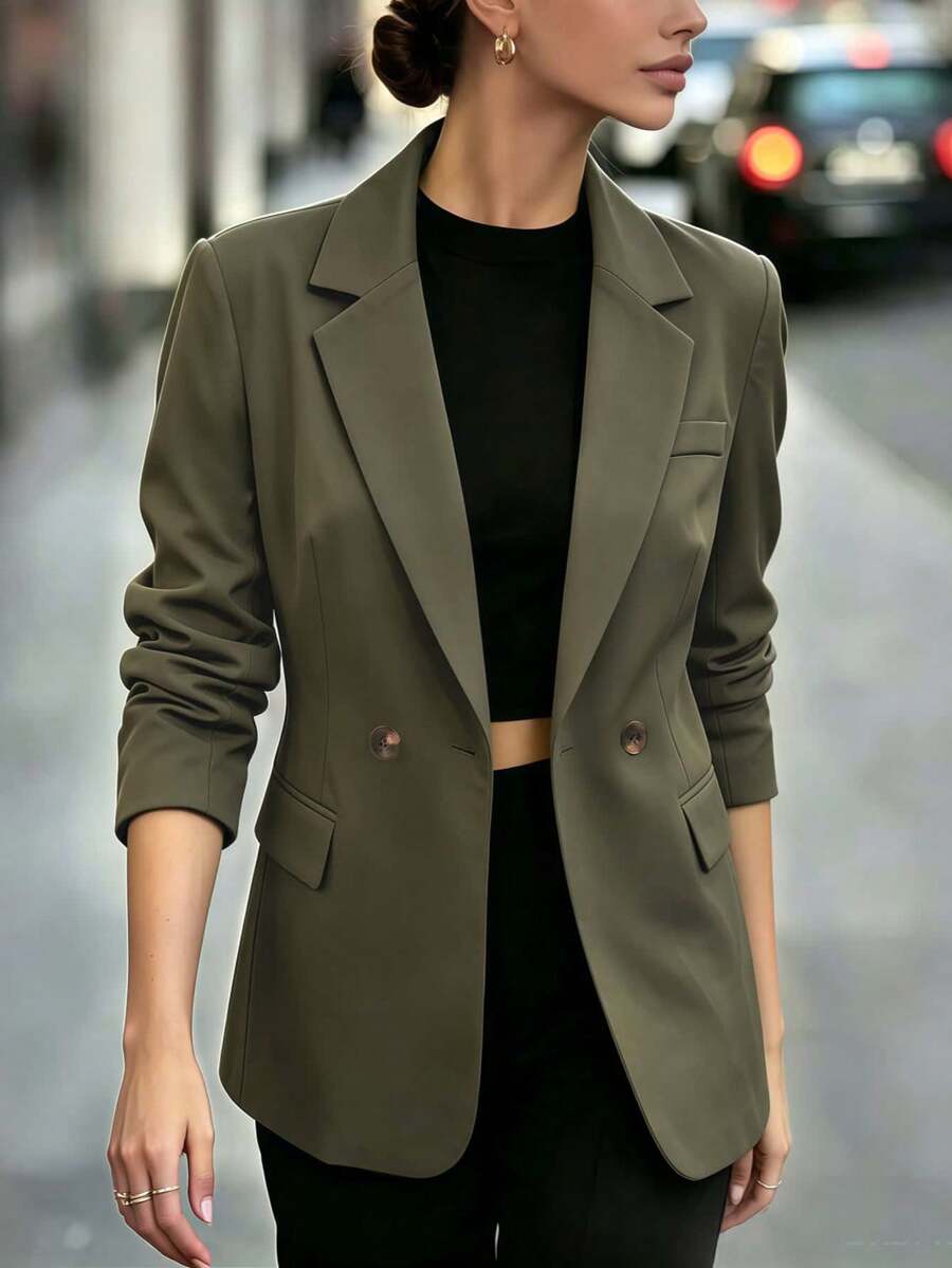 Women's Olive Green Lapel Collar Blazer With Button Detail, Long Sleeve Regular Coat In Polyester For Fall Outfits - Army Green - View 1