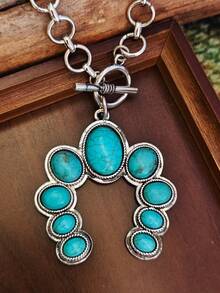 1pc Style Pink Blue Turquoise Pendant Necklace Vintage Distressed Silver Chain OT Clasp Design Western Cowboy Style Accessory - Necklace - View 11