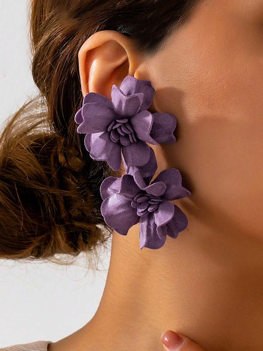 1 Paar übertriebene lila Blumenohrringe für Damen, atmosphärischer Mori-Stil mit Urlaubs-Vibe, geeignet für den täglichen und festlichen Gebrauch - Lila - Übersicht 1