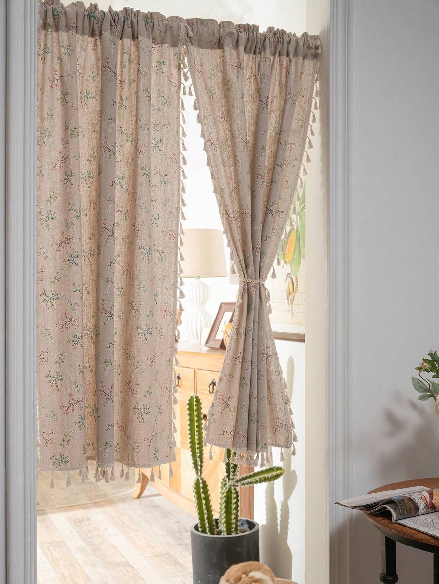 Bubaba 2Pcs Boho Floral Door Curtain With Tassel Fringe, Linen Look Semi-Sheer Room Divider Curtain, Farmhouse Privacy Panel For Doorway, Kitchen, Closet, Bedroom & Entryway Decor