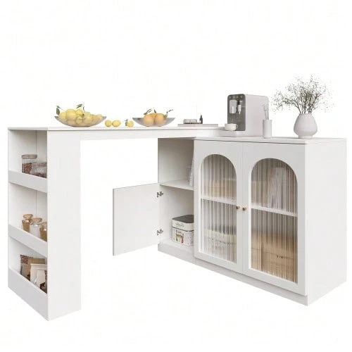 360° Rotating Bar Table (Main Body Dimensions: 120 X 40 X 97 Cm), White Rotating Bar/Dining Room Unit, Modern And Sleek, Multifunctional Storage Unit With Glass Door - White - View 1