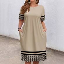 Plus Size Women Summer 2026 New Arrival Round Neck Contrast Color Short Sleeve Dress With Pockets Comfortable Elegant Fashion - Green Flowers - View 4