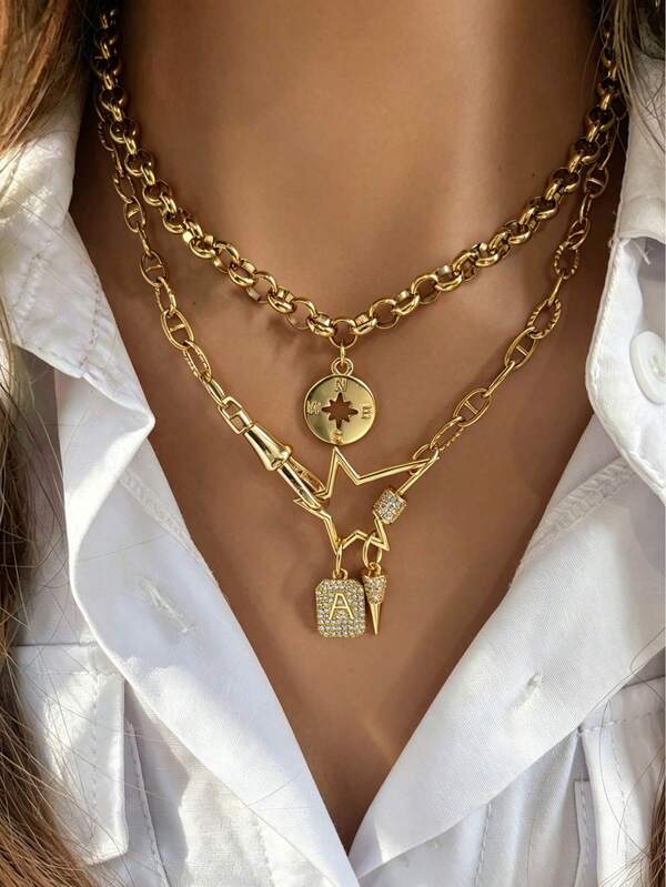 1pc Exquisite Five-Pointed Star Necklace With Letter Pendant And Cone Pendant, High-End Vintage Style, Suitable As A Beautiful Holiday Gift For Women