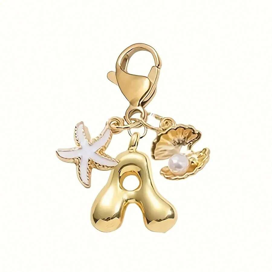 1pc Ocean Series Starfish Shell 26 Letters Keychain, Suitable For Bag Accessories, Lanyard With ID Holder, Car Decor, Bag Pendant, Couple Keychain, Perfect Gift For Vacation Season - Multicolor - View 1
