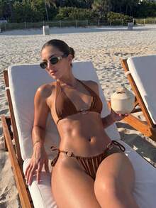 2pcs Sexy Summer Bikini Set - Beige Triangle Top And High Slit Bottom With Bronze Metal Rings And Adjustable Ties Vacation Beach Brown - Brown - View 1