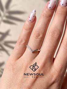 1pc Deep V-Cut Single-Sided Diamond Cubic Zirconia Ring, 925 Sterling Silver Material, Delicate Stackable, Women's Ring, Women's Jewelry Gift, Suitable For Daily Wear - Deep V Single-sided Diamond Ring - View 7