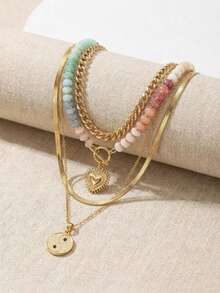Gemstone Snake Chain Necklace Set - Multi-Layer Metal Layered Jewelry Designed For Women - Multicolor - View 2