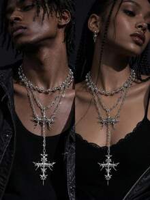 1pc Punk Personalized Fashion Design Streetwear Hip-Hop Style Thorn Spike Cross Skull Multi-Layer Beaded Chain Long Necklace, Daily Street Style Outfit - Multicolor - View 8