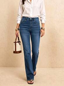 Comfortable Commuting All-Match Washed Flared Jeans, Lifting And Shaping, Minimalist Versatile - Dark Wash - View 3
