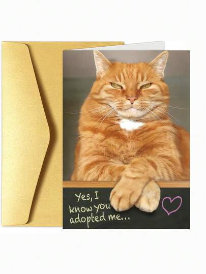 1 Pc Funny Sassy Orange Cat Card, "Yes I Know You Adopted Me" Humorous Greeting For Cat Lovers, Perfect For Pet Owners & Friends, Thicker And Larger Envelope And Card