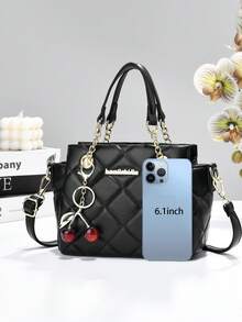 Sac fourre-tout bandoulière matelassé élégant pour femmes, décoration pendentif cerise, sac à épaule et sac à main en cuir PU avec chaîne dorée, convient pour les déplacements et les sorties décontractées - Multicolore - Voir 6