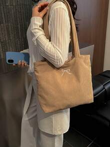 Corduroy Solid Color Shoulder Tote Bag - Khaki - View 5