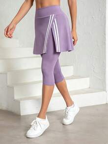 Women's Fashion Side Stripe Split Skirt Leggings, All Season Wear, Women's Tennis Skirt Leggings With Pockets, 7/8 Length Yoga Leggings With Skirt Hem, Suitable For Sports And Casual Wear - Mauve Purple - View 3