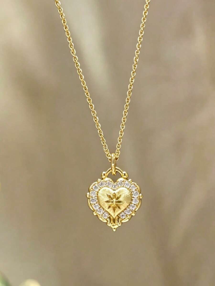 1 pieza Collar con colgante de corazón con efecto escarcha, cadena de clavícula delicada y lujosa de alta gama - Collar de corazón cepillado - Ver 1