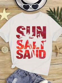 Camiseta de algodón personalizada, cuello redondo de manga corta para primavera/verano, estampado de dibujos animados, adecuada para el ocio diario, vacaciones, playa, niños - Blanco - Ver 1