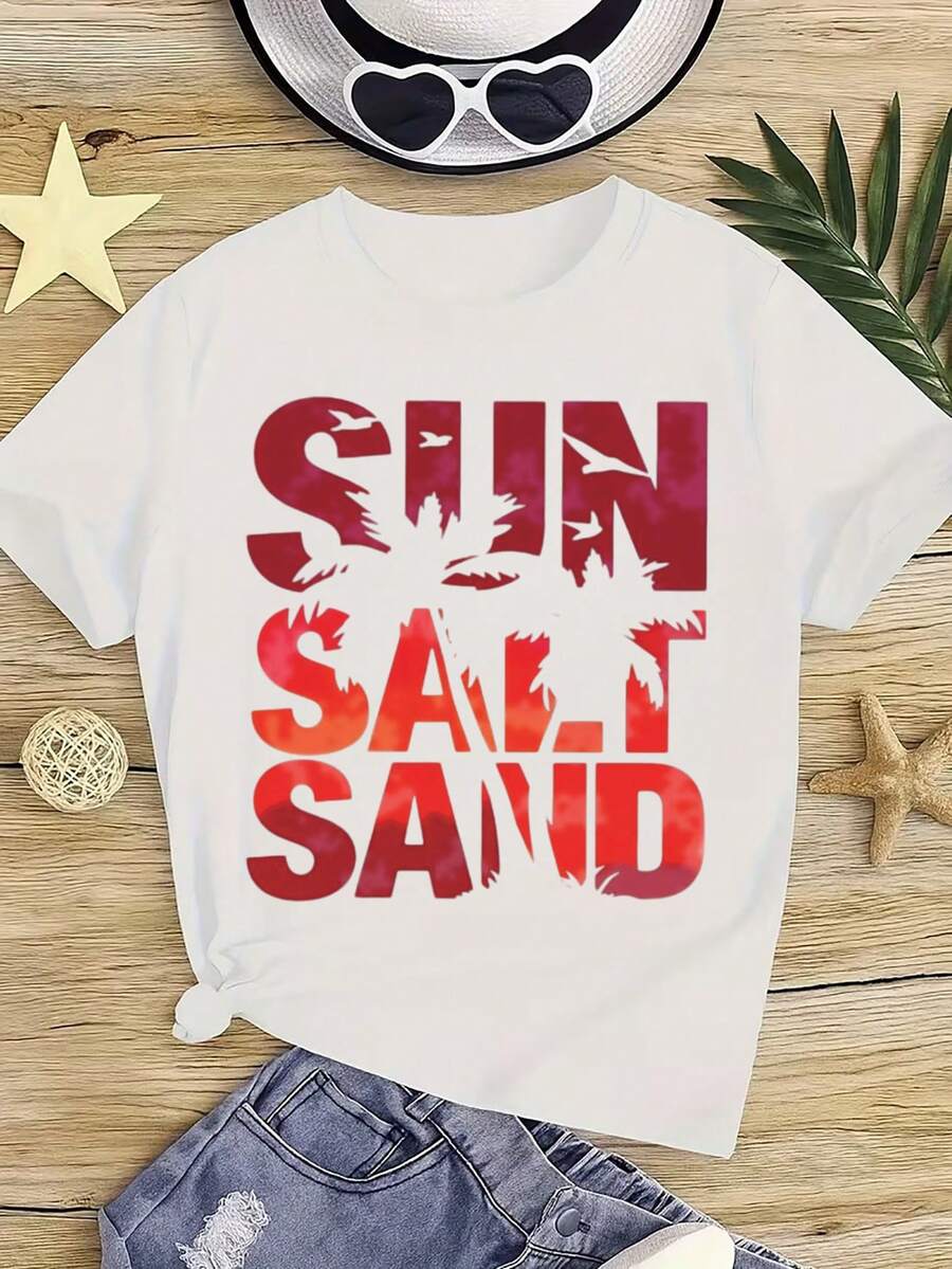 Camiseta de algodón personalizada, cuello redondo de manga corta para primavera/verano, estampado de dibujos animados, adecuada para el ocio diario, vacaciones, playa, niños - Blanco - Ver 1