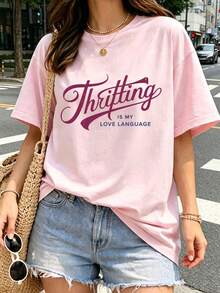 1件女款夏季圓領寬鬆休閒套頭短袖T恤上衣，女款度假服裝粉紅色 - 粉色 - 查看 2