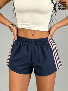 mulinsen Women's Ice Silk 3-Inch Shorts, Pink 4-Stripe Side Elastic Waist Summer Running Shorts - Navy Blue - View 4