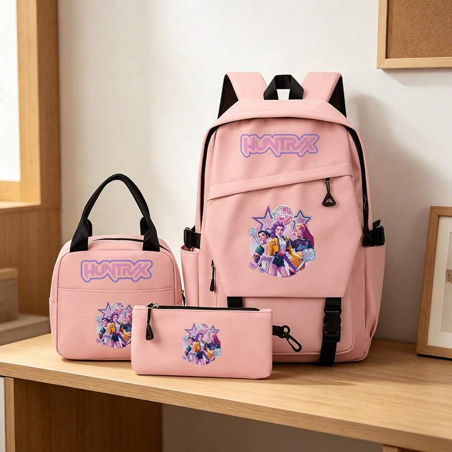 Miniso Disco-Themed Huntrax 3 PiecesBackpack Set With Lunch Bag & Pencil Case, Durable Lightweight School Bag - Pink - View 1