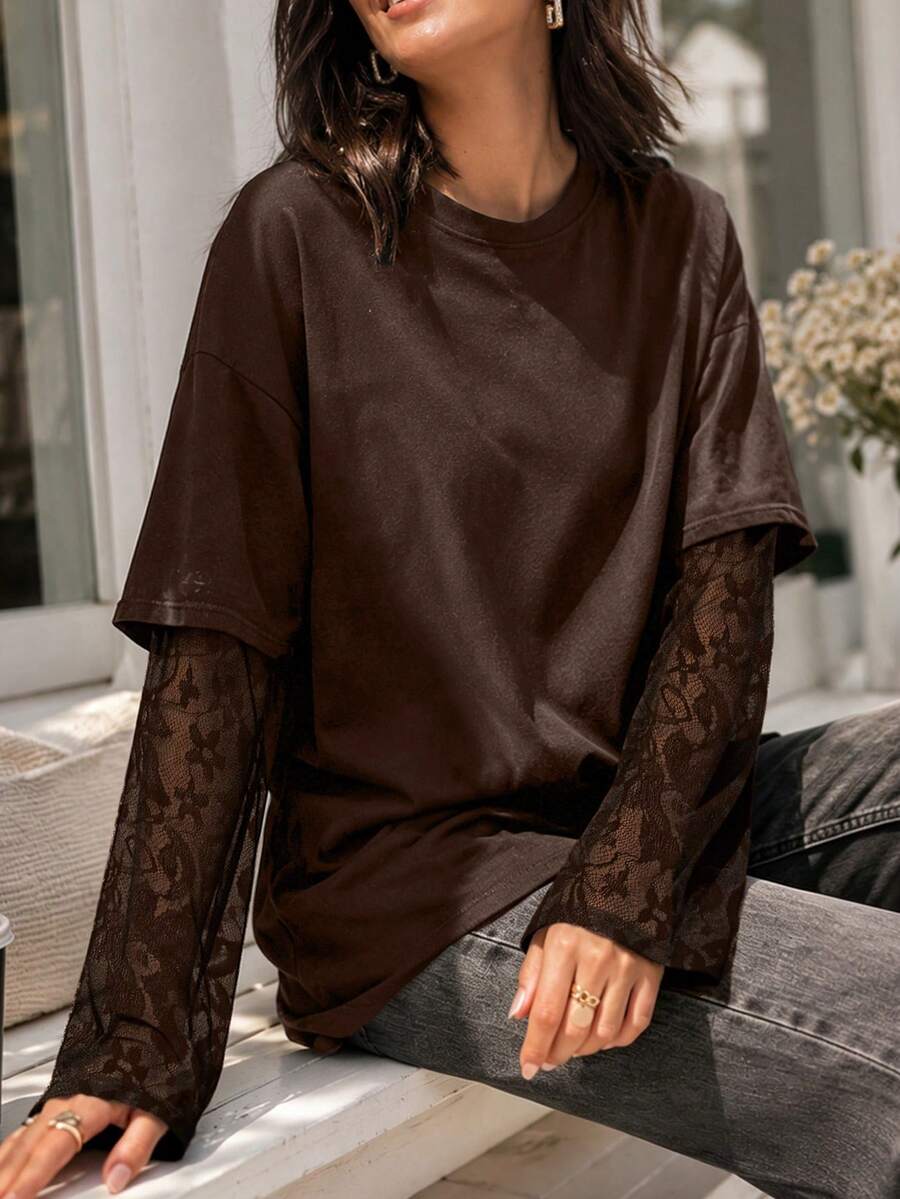 1件女款深棕色春夏秋休閒日常購物派對舒適時尚寬鬆版型通勤返校公園音樂節蕾絲拼接長袖基本款T恤