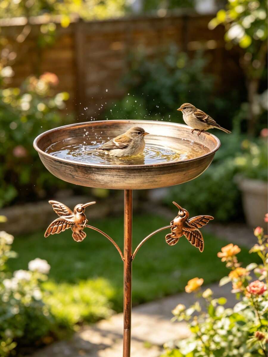 Vintage Copper & Iron Bird Bath & Feeder 2-In-1, Rust-Resistant Garden Decor With Non-Slip Stake