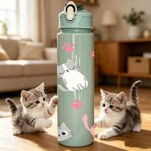 1/5pcs 750ml Cute Cat Print Water Bottle With Strap - Leak-Proof Sports Water Bottle With Various Adorable Cartoon Cat Designs In Light Blue, Blue, Purple And Pink, Suitable For Cat Lovers, Children, Teenagers And Students For School, Fitness, Outdoor Activities Or Daily Use. Also A Cute And Fun Gift For Birthday, Back To School Or Any Special Occasion. - Multicolored Kitten - View 16