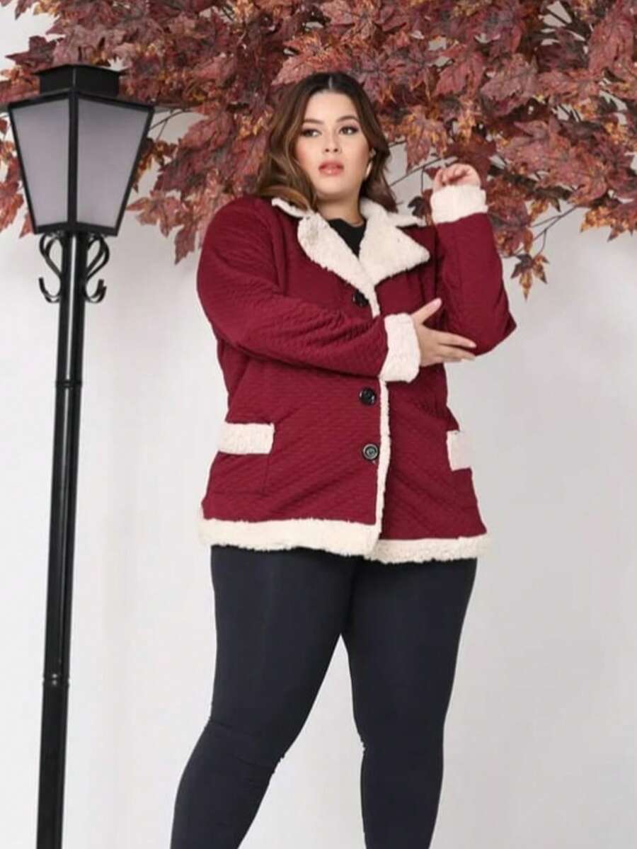 Vivi Women's Plus Size Coat With Button, Plush, Thick, Long Sleeve Winter - 紅木色 - 查看 1