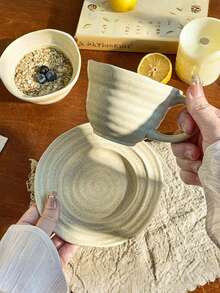 1set Vintage Sesame Matte Cup And Saucer, Wabi-Sabi Style With Rich Texture, Distressed Craftsmanship Creates A Relaxed Atmosphere. Asymmetric Shape Paired With 3D Ribbed Design, Unique And Niche. Thick And Durable Ceramic Material, Matte Frosted Texture With Delicate Touch, Suitable For Restaurant And Home. Perfect For Coffee And Tea Drinking, Unique Aesthetic And Practical, Great For Photography. - Multicolor - View 8