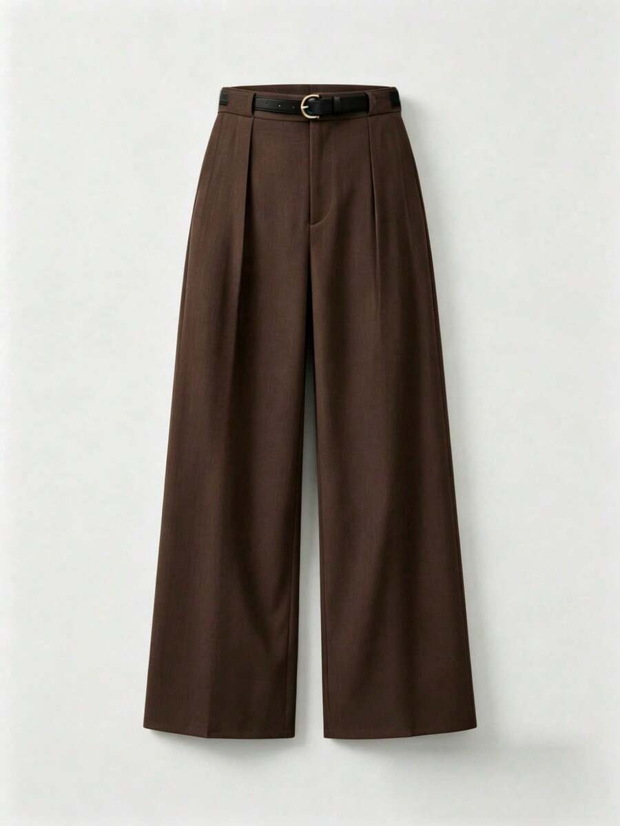 Elegant Solid-Color Mid-Rise Straight-Leg Trousers With Belt For Spring - Brown - View 1