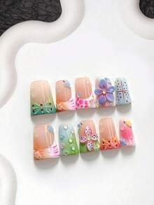 10pcs Summer Handmade Press-On Nails, Polygel Nail Art Set, 3D Carved, Striped, Water Drop, Polka Dot, Green Blue Pink Nail Polish, Vacation Style, Includes Nail Tools, 3 Sizes Available, Almond, Duck, Coffin Shape, Suitable For Party, Dancing, Daily Wear - 彩色 - 查看 19