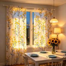 2pcs Watercolor Yellow Floral Pattern Sheer Curtains, Decorated With Yellow Flowers And Black Branches, 2D Flat Print, Elegant Floral Pattern, Suitable For Living Room, Kitchen And Dining Room. - Multicolor - View 2