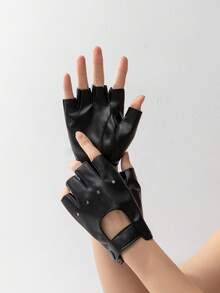 1 Pair Half-Finger Motorcycle Leather Gloves - Black - View 1