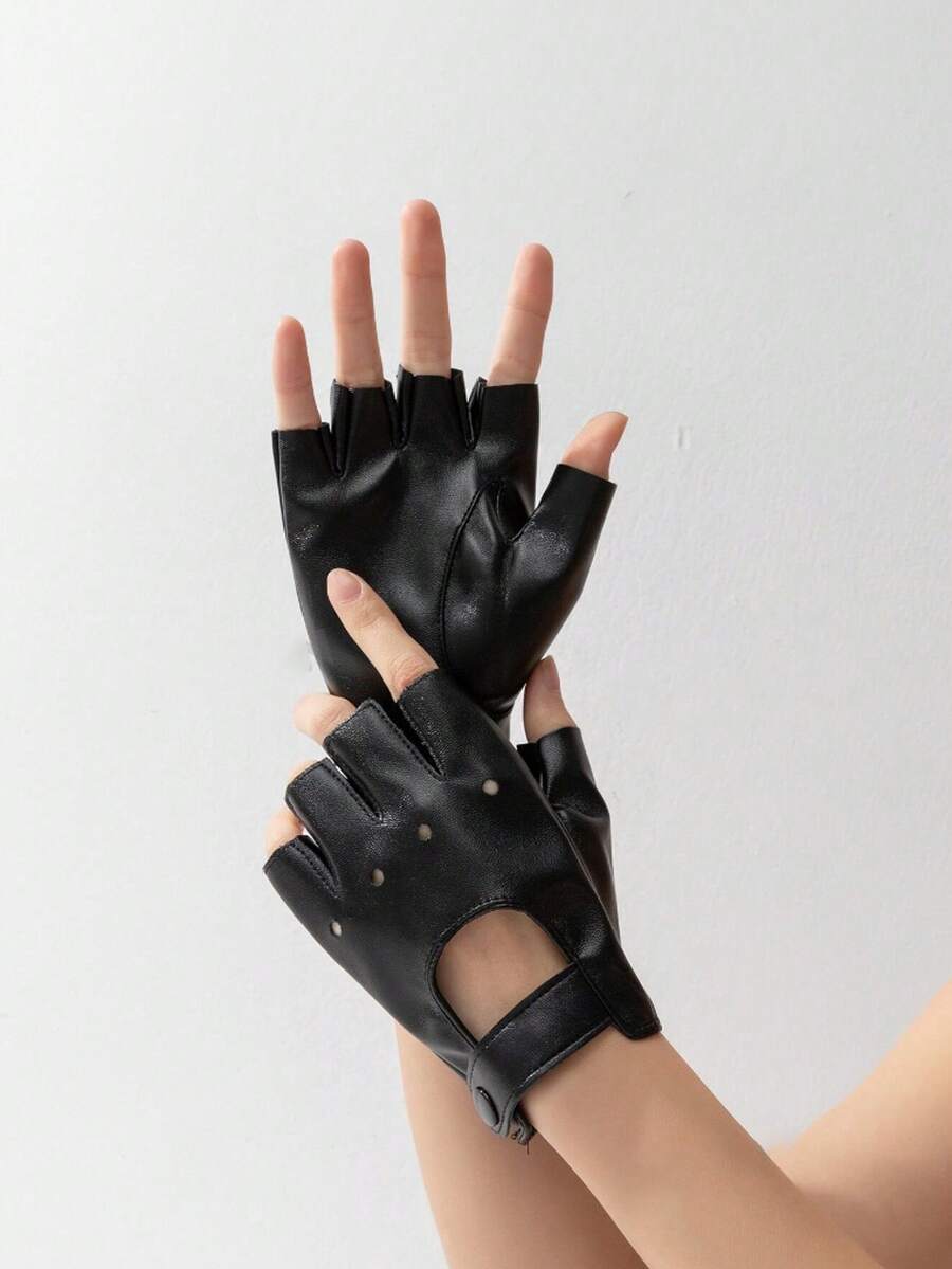 1 Pair Half-Finger Motorcycle Leather Gloves - Black - View 1