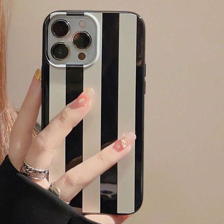 1pc Glossy Black Striped Phone Case Compatible With IPhone 16/16 Plus/16 Pro/16 Pro Max Waterproof Shockproof Anti-Fall Scratch Resistant - Multicolor - View 1
