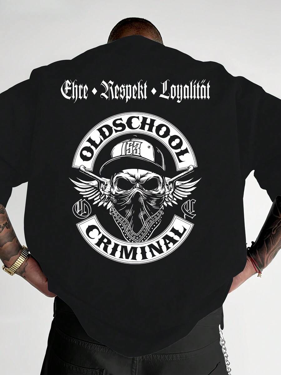Heavy-Duty100%Polyester Men's T Shirt,The Back Is Printed With A Vintage Pattern - Short Sleeve,Round Neck,Casual Street Style,Breathable For Summer T Shirt,Durable And Machine Washable,Suitable For Daily Wear Or As A Gift. - 黑色 - 查看 1