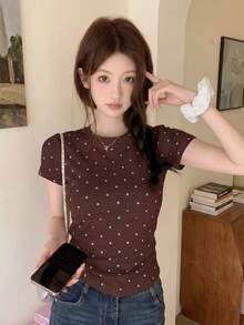 女款韓式圓領修身休閒短袖波點T恤，夏季度假棕色 - 棕色 - 查看 6