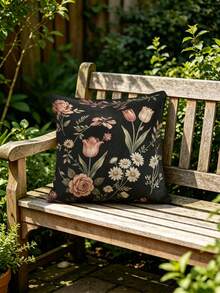 1/2/4Pcs 2D Flat Printed Exquisite Floral Pattern Single-Sided Printed Pillowcase Sofa Cover - Non-True Embroidery, Home Decor Pillowcase - Black and Pink - View 3