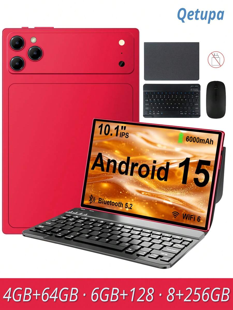 Qetupa 10.1-Inch Android 15 Tablet, Equipped With Protective Case, Keyboard And Mouse, 4GB RAM And 64GB Storage/6GB RAM And 128GB Storage/8GB RAM And 256GB Storage (Supports 1TB SD Card Expansion), 1280x800 Touchscreen, 5MP Front Camera And 13MP Rear Camera, 6000mAh Battery (Charger Not Included) - Burgundy - View 1