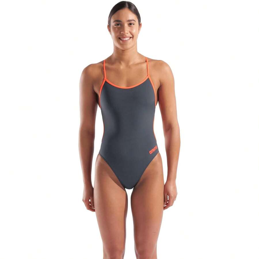 Arena Performance Women's Team Solid Lace Back Swimsuit One Piece Bathing Suit Variant 9 - Asphalt/Bright Coral - View 1