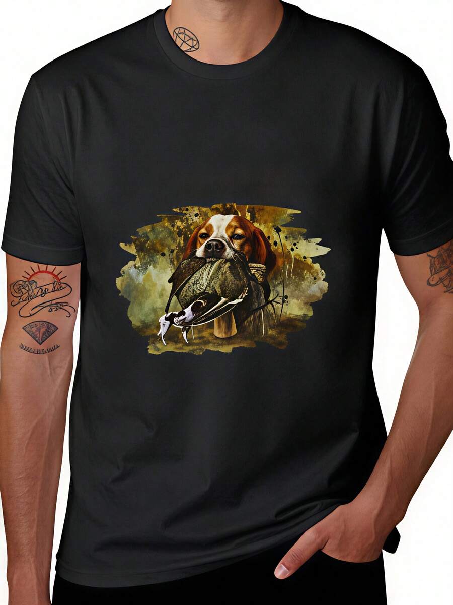 Pour la chasse – Une chemise noire pour les passionnés d'activités de plein air, conçue pour une coupe régulière avec des manches courtes, lavable en machine, parfaite pour les chasseurs et les amoureux des chiens, idéale pour être associée à des vêtements de chasse. - Noir - Voir 1