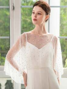1Pc Short Bridal Wedding Shawls Pearl Beaded One Layer Simple Cloak Outfit Marriage Accessories For Women - Multicolor - View 8