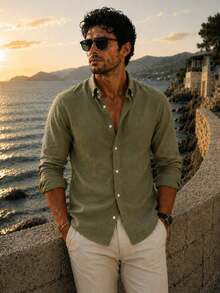 100% Cotton Linen, Breathable, Lightweight, Button-Down Collar, Men's Linen Shirt - Khaki - View 1